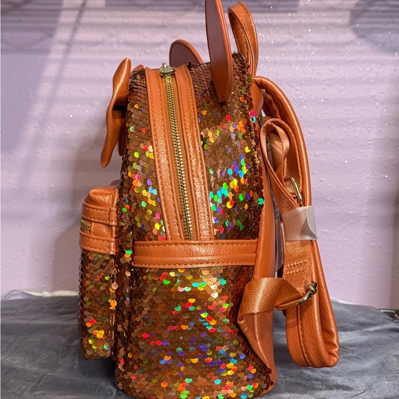 Disney Parks Exclusive Minnie Mouse Peach Punch Sequin Loungefly Mini Backpack - Picture 3 of 5